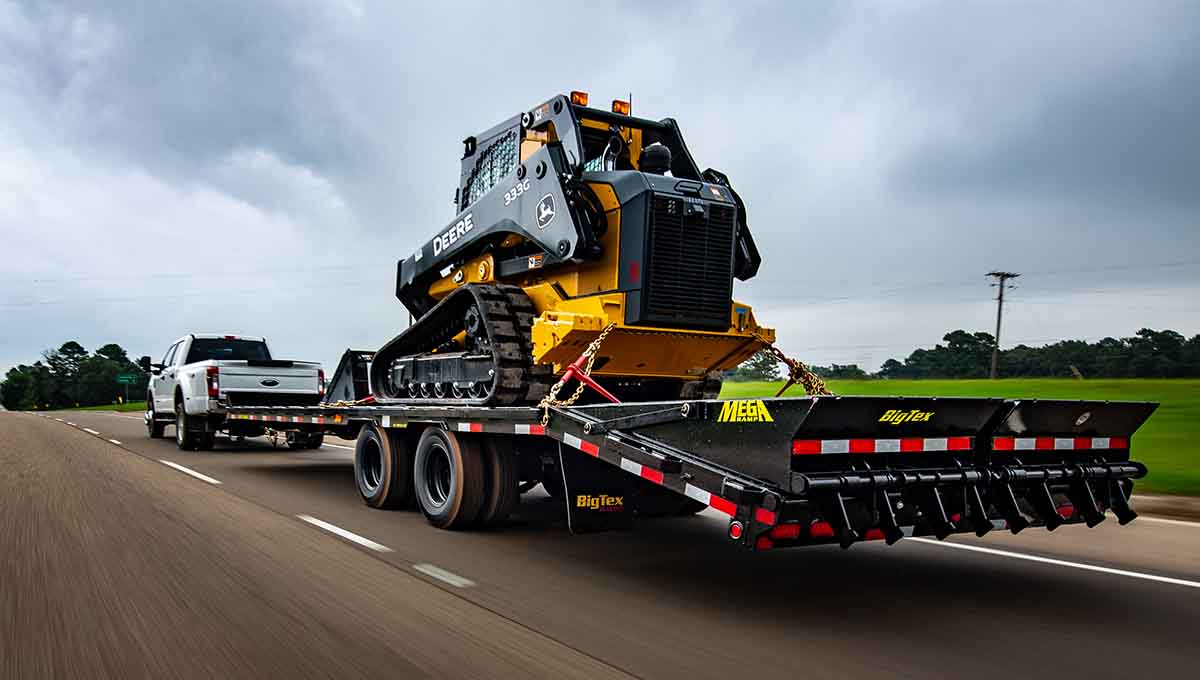 a deere tractor is being towed by a 22ph gooseneck trailer